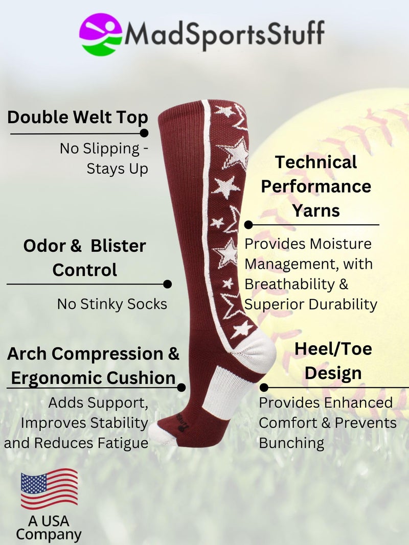 MadSportsStuff Crazy Socks with Stars Over the Calf Socks (Maroon/White, Medium) - Image 3